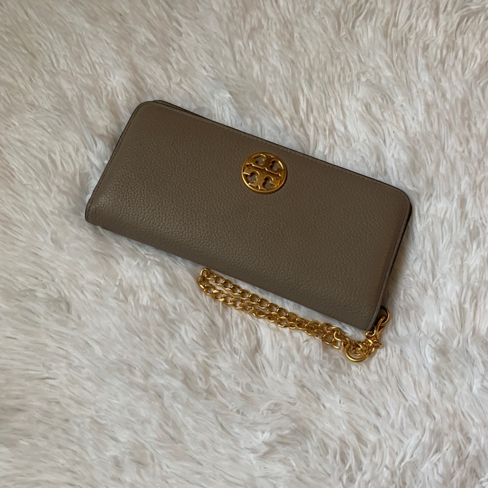 Tory Burch Taupe Leather Slim Wallet w/ Gold Chain